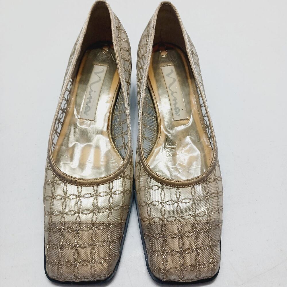 Shoes Women Slip On Pump Gold Mesh Floral Nina Cuban Heel Square Toe Size 8.5M - Picture 3 of 8
